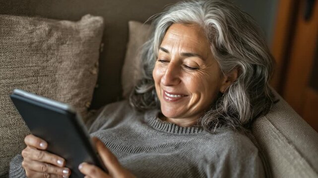 Relaxed senior woman reading e-book. Cozy home setting, enjoying leisure time. Digital lifestyle, modern technology. Warm, comfortable, peaceful moment. Mature female using tablet.
