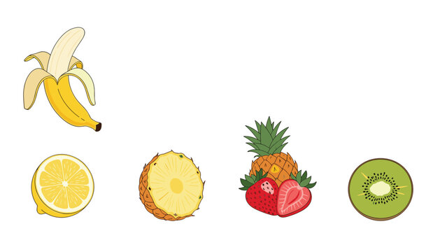 Assortment of fresh fruit icons including a banana lemon slice pineapple chunks strawberry and a half kiwi for healthy eating.
