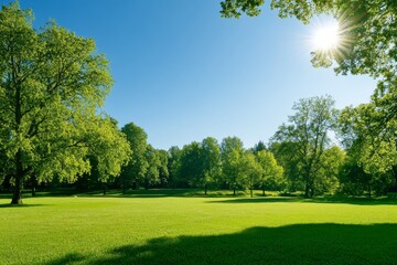 Fototapeta premium Sunny day at a green park with trees under a clear blue sky in spring or summer