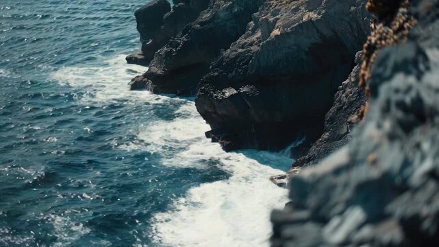 Video A picture of a rocky cliff located near the ocean, with waves crashing against the shore