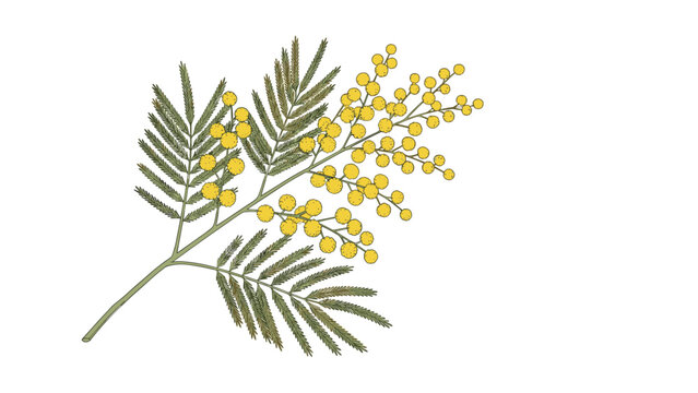 Delicate mimosa branch features fluffy yellow blossoms and feathery green leaves against a plain white background for floral design.