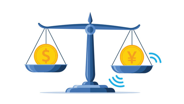 Balance scale holds a golden US dollar coin and a japanese yen coin representing foreign currency exchange and economic equality.