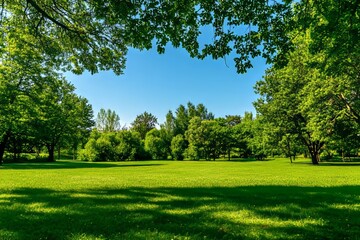 Fototapeta premium Green park under clear blue sky on sunny day with trees and grass for spring or summer activities