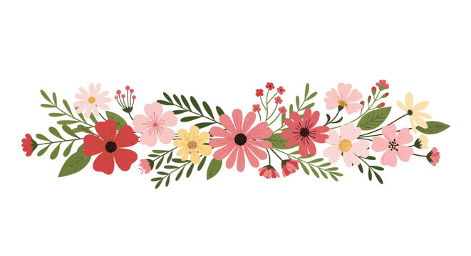 Beautiful horizontal floral border features an arrangement of pink, red, and yellow daisies and wildflowers with green leaves and stems.