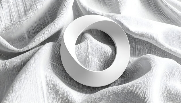 A white Mobius strip rests on draped, textured fabric, soft lighting highlighting curves
