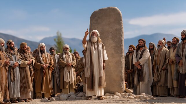 Joshua calling Israel to renew their covenant with God at Shechem beside the standing stone, the people gathered in commitment and faithfulness in the biblical covenant declaration.