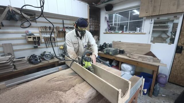 Efficient Male Carpenter in PPE Surfacing Timber Slab with Power Router in Authentic Workshop Wide Angle 180 Degree Orbit Shot Real Time Production Workflow