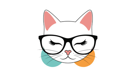 Obraz premium White cat face wearing thick black glasses and long eyelashes is framed by a blue and an orange circle on a white backdrop.