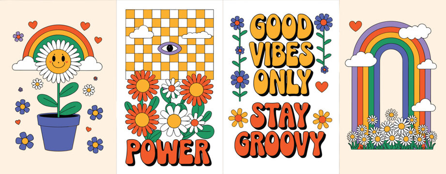 Retro groovy floral and rainbow designs with positive slogans