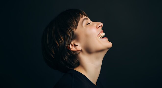 Joyful young woman laughing with eyes closed and head tilted back against a dark background, expressing pure happiness and positive emotion.