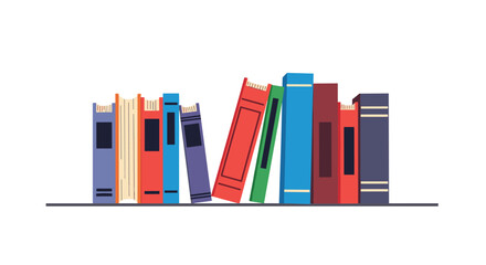 Fototapeta premium A row of ten colorful books with varying heights stands on a dark gray shelf against a white background.
