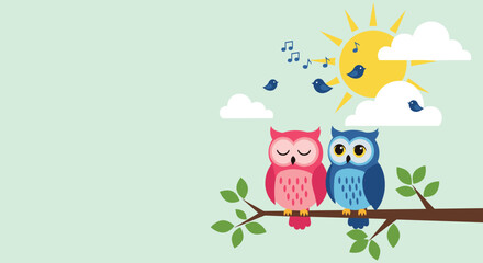 Fototapeta premium Pair of colorful owls, one pink and one blue, sit together on a tree branch under a bright yellow sun and blue birds.