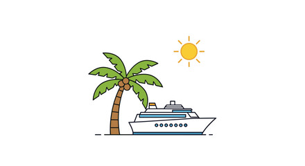 Fototapeta premium A cruise ship sails past a palm tree under a bright sun on a white background.