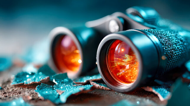 Binoculars on a multi-colored surface reveal exploration, discovery and adventure in vibrant abstract light