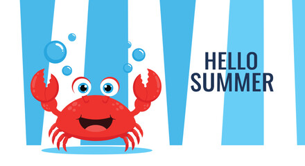 Naklejka premium Happy red cartoon crab character with big eyes waving its claws next to hello summer text on a blue and white striped background.