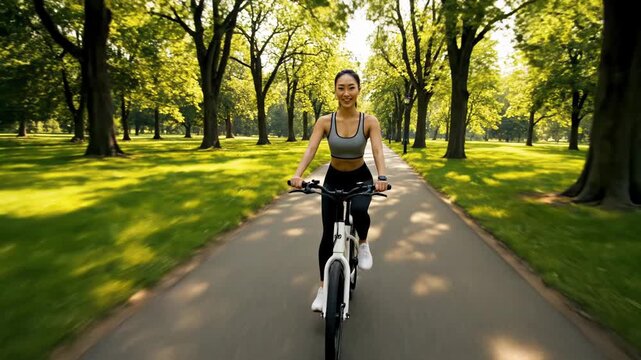 Fitness, exercise and healthy lifestyle during outdoor recreation with young woman cycling on paved path in lush green park. Active living, wellness and physical activity with energetic female