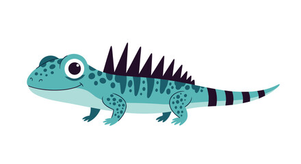 Obraz premium Friendly turquoise lizard or iguana character with dark purple spikes and spots walking on a plain white background.