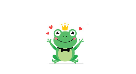 Obraz premium Cute green frog prince wearing a golden crown and a black bow tie sitting happily with hearts around it on white background.
