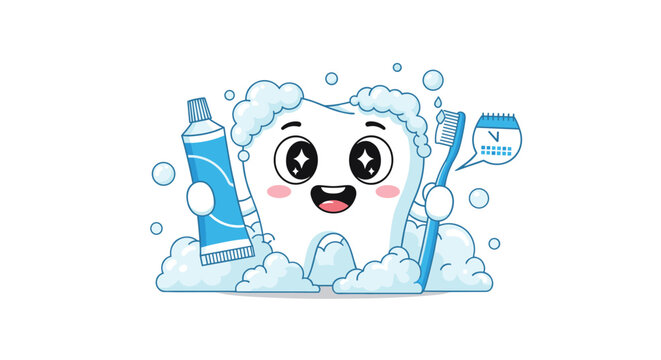 Cheerful cartoon tooth character holding a toothbrush and toothpaste tube while surrounded by soap bubbles and a calendar icon.