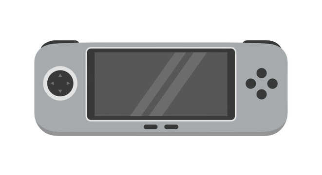 A grey handheld gaming console with a dark screen and control buttons is centered on a white background.