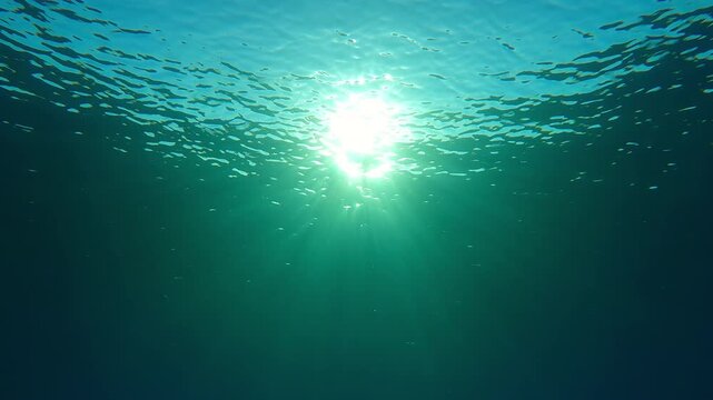 Bright sunlight shines through water surface with ripples, in backlight, view from below. Sun rays illuminating the sea below the surface in calm weather, natural underwatrer background
