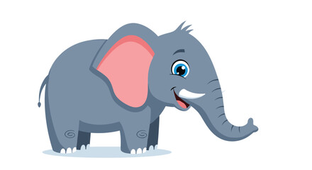 Fototapeta premium Friendly grey cartoon elephant standing and smiling with large pink ears and white tusks against a plain white background.