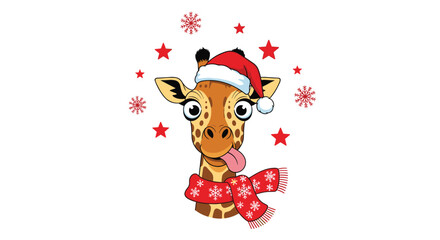 Fototapeta premium Funny giraffe head wearing a red Santa hat and a snowflake scarf with its tongue out surrounded by stars and snowflakes.