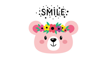 Fototapeta premium Pink bear face wearing a colorful flower crown with the word Smile and dots above it on a white background for children.