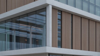 Fototapeta premium Architectural corner of a modern office building displays mixed materials and structural glass for urban business branding.