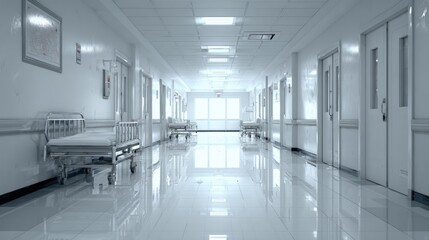 Fototapeta premium Brightly illuminated, empty interior corridor within a clinical facility featuring movable patient beds along the walls