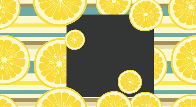 Sliced lemon pieces scattered over a striped yellow and blue background with a central grey square for copy space.
