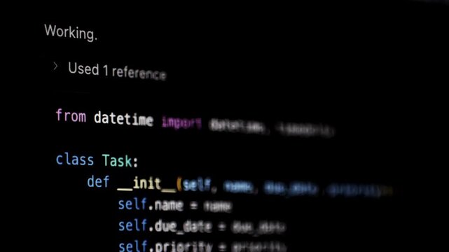 Developer software programming python code with chat bot AI. HTML code on lcd screen. Developer working on source codes on computer at office. Modern technologies, web design. Python programming