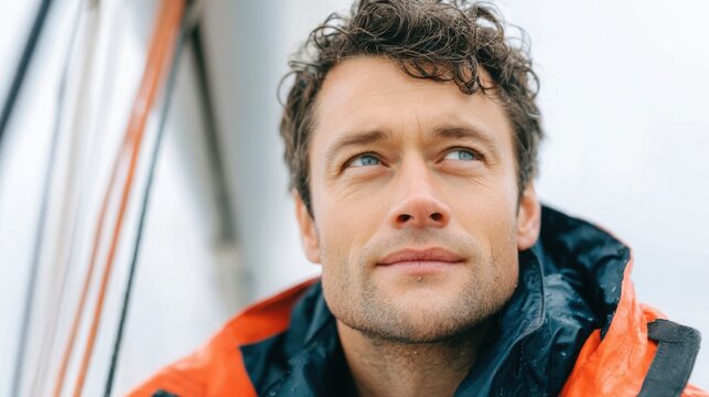Rugged sailor wearing waterproof jacket gazes thoughtfully while aboard a boat, with sail and rigging visible in the background