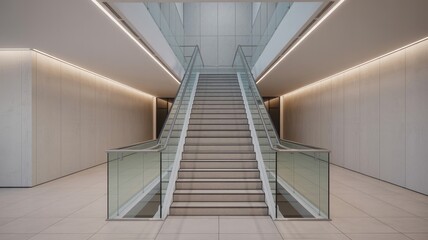 Obraz premium A modern staircase with glass railings in a sleek building interior