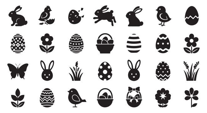 Easter Icons Set: Black Silhouette Bunnies, Chicks, Eggs and Spring Symbols Vector Collection