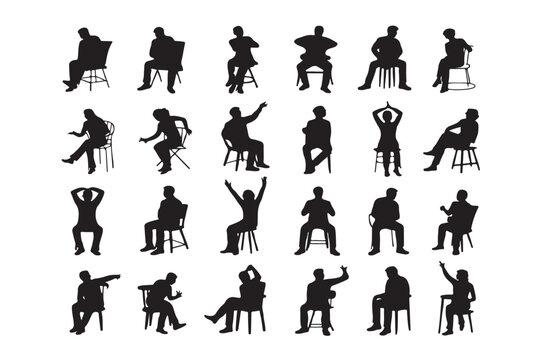 Sitting people silhouettes set collection of diverse men and women characters in various poses seated on chairs isolated over background