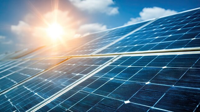Rows of photovoltaic panels absorb bright sunlight under a partly cloudy blue sky
