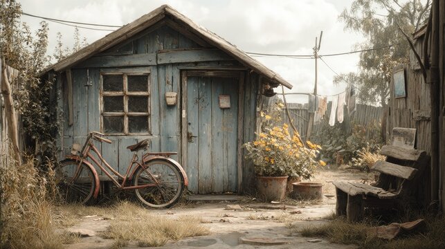 Weathered wooden outbuilding stands in a neglected yard with an old bicycle resting nearby.