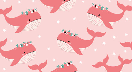 Fototapeta premium Cute seamless pattern of pink whales wearing flower crowns swimming among white stars on a light pink background.