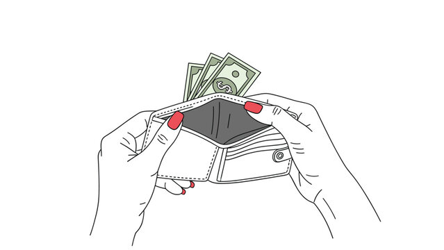 Close up view of hands holding an empty white leather wallet with only three dollar bills left inside on a white background.