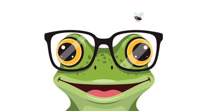 Humorous frog face wearing black-rimmed glasses looking up at a small fly on a white background.