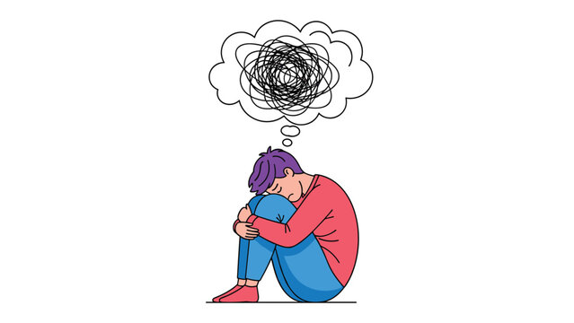 Depressed person sitting in a fetal position with a tangled mess of lines in a thought bubble representing anxiety.