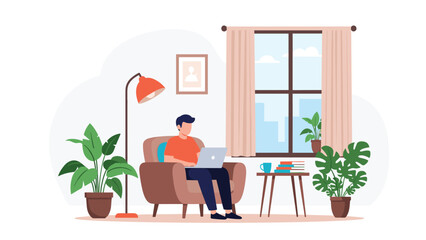 Fototapeta premium Young man sitting comfortably in an armchair working on his laptop in a cozy living room decorated with indoor green plants.