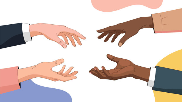 Four hands from diverse backgrounds reaching out towards each other to symbolize cooperation, teamwork, and human connection.