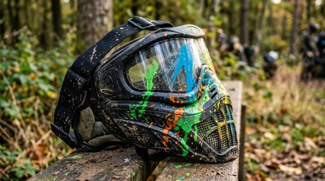Paintball mask with vibrant splatters of colors resting on a wooden surface