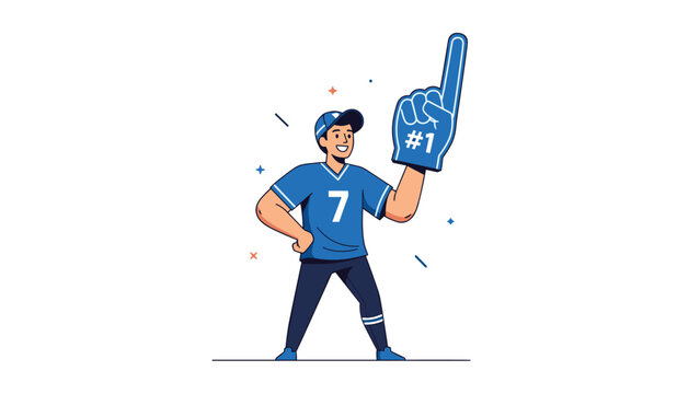Enthusiastic sports fan wearing number seven jersey and large blue number one foam finger cheering for his favorite team.