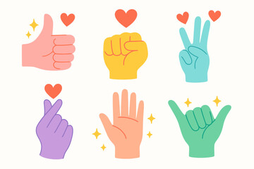 Fototapeta premium Collection of diverse hand gestures and symbols with hearts and sparkles