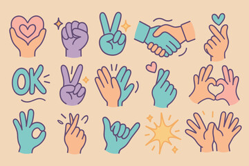 Fototapeta premium Collection of diverse hand gestures and symbols in a playful, modern cartoon style
