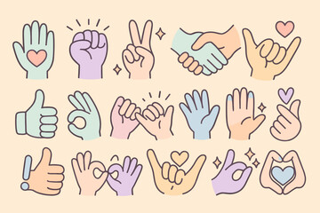 Fototapeta premium Collection of diverse hand gestures and symbols in pastel colors, conveying positive emotions and communication