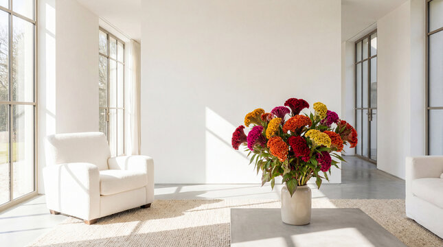 Bright white minimalist interior with a bold multicolored crested celosia bouquet as the focal point.